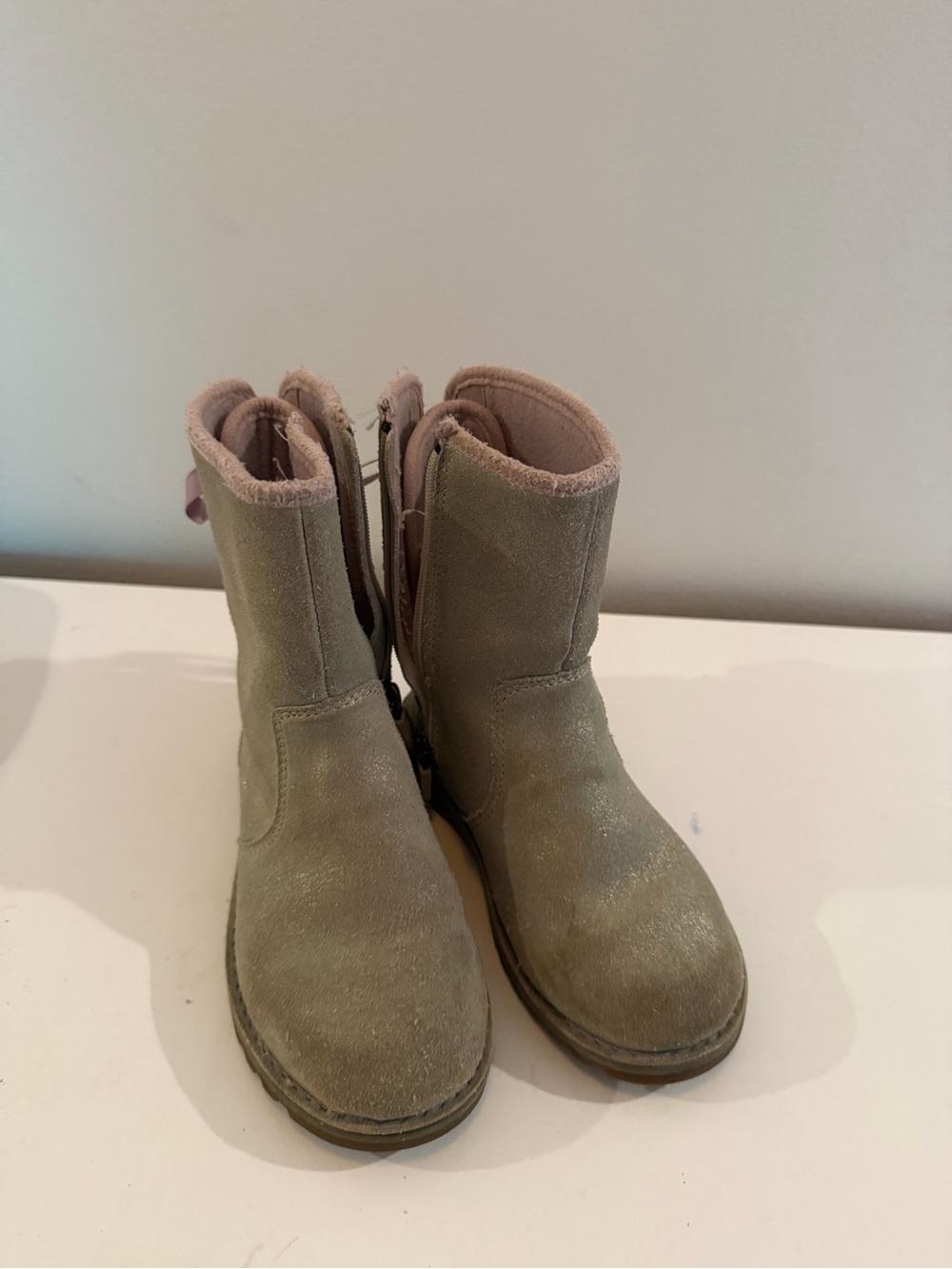 Uggs Kids Neutral Suede Ankle Boots - Taupe/gray with violet Trim